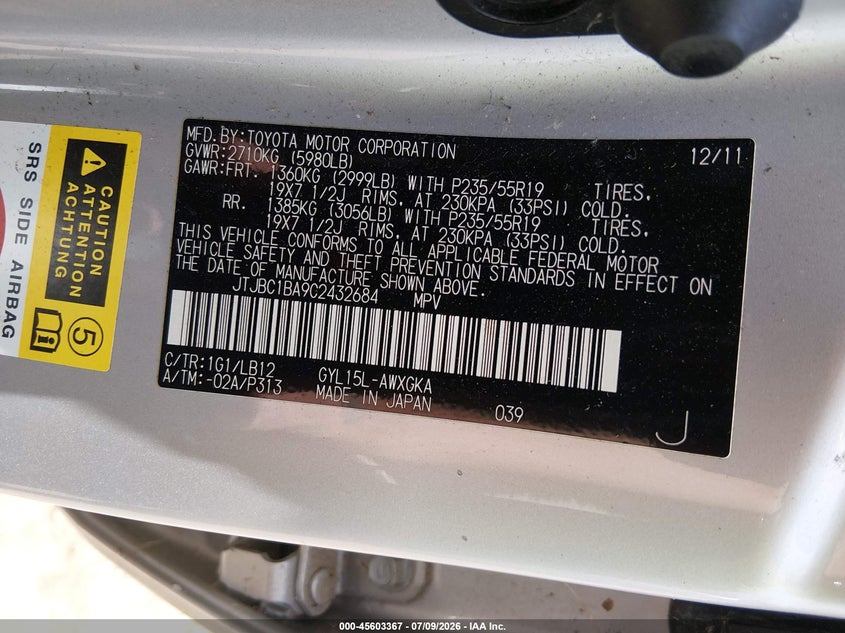 2012 Lexus VIN JTJBC1BA9C2432684 IAAI salvage auction — NORMAL WEAR, Clear (Tennessee), sold $2,925 on 2026-07-29 (photo 9)