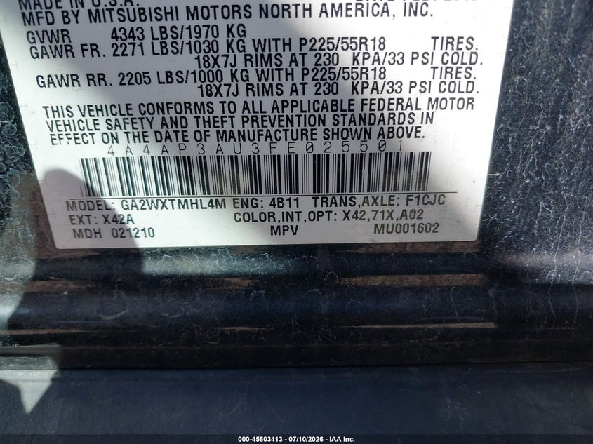 2015 Mitsubishi Outlander VIN 4A4AP3AU3FE025501 IAAI salvage auction — NORMAL WEAR, Original (Texas), sold $500 on 2026-07-29 (photo 9)