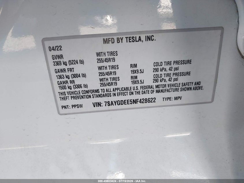 2022 Tesla Model y VIN 7SAYGDEE5NF428622 IAAI salvage auction — LEFT SIDE, Salvage Title, sold $9,500 on 2026-08-03 (photo 9)