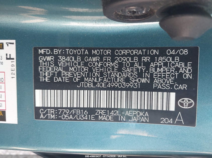 2009 Toyota Corolla VIN JTDBL40E499039931 IAAI salvage auction — NORMAL WEAR, Clear (Illinois), sold $1,850 on 2026-07-28 (photo 9)