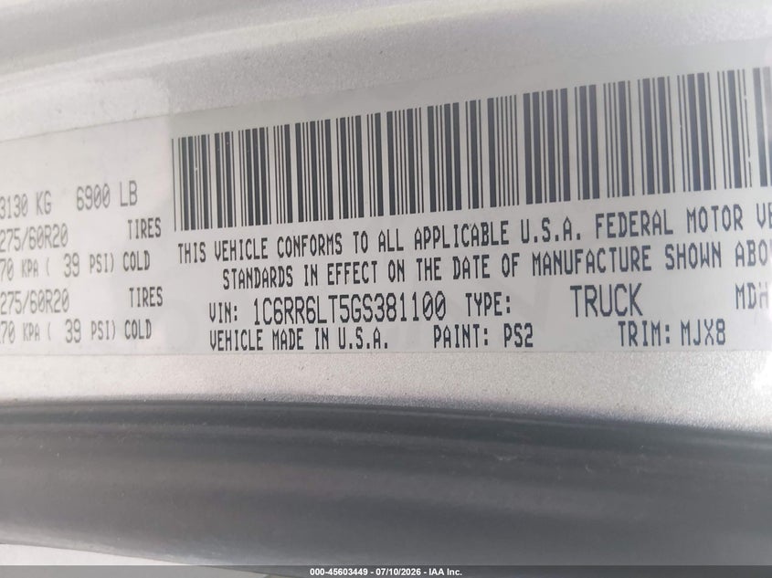 2016 Ram 1500 VIN 1C6RR6LT5GS381100 IAAI salvage auction — NORMAL WEAR, Original (Texas), sold $5,000 on 2026-07-24 (photo 9)