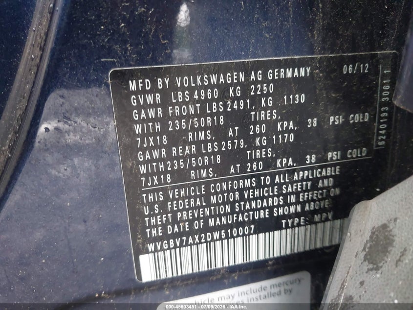 2013 Volkswagen Tiguan VIN WVGBV7AX2DW510007 IAAI salvage auction — NORMAL WEAR, Clear (New Jersey), sold $750 on 2026-07-29 (photo 9)