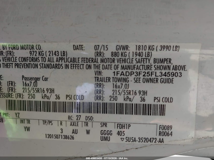 2015 Ford Focus VIN 1FADP3F25FL345903 IAAI salvage auction — NORMAL WEAR, Clear (North Carolina), sold $300 on 2026-07-18 (photo 9)