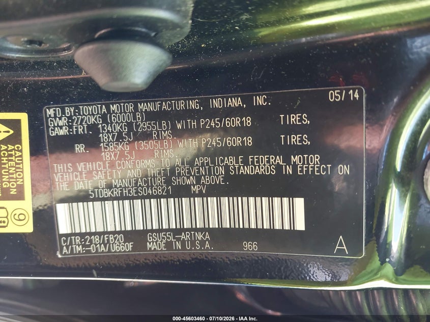 2014 Toyota Highlander VIN 5TDBKRFH3ES046821 IAAI salvage auction — NORMAL WEAR, Salvage Title, sold $6,500 on 2026-08-01 (photo 9)