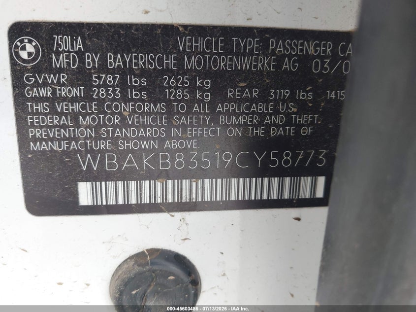 2009 BMW 7 series VIN WBAKB83519CY58773 IAAI salvage auction — NORMAL WEAR, Salvage (California), sold $125 on 2026-07-29 (photo 9)