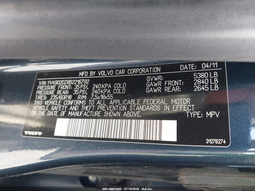 2011 Volvo Xc60 VIN YV4902DZ8B2216792 IAAI salvage auction — LEFT SIDE, Clear (Florida), sold $625 on 2026-07-29 (photo 9)
