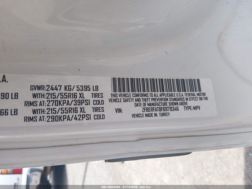 2015 Ram Promaster city VIN ZFBERFAT8F6979346 IAAI salvage auction — SIDE, Clear (Tennessee), sold $800 on 2026-08-15 (photo 9)