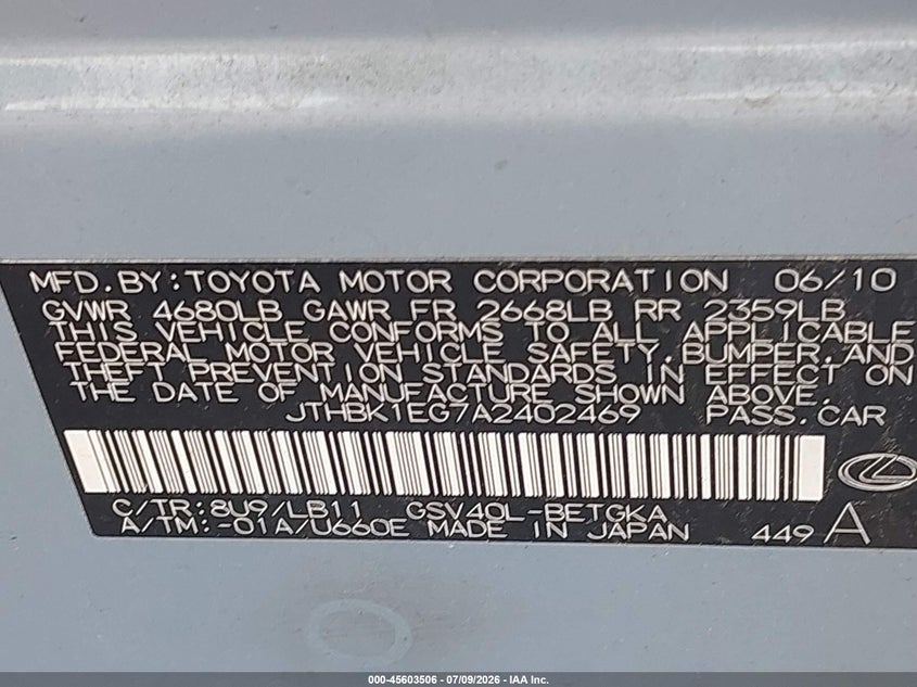 2010 Lexus Es 350 VIN JTHBK1EG7A2402469 IAAI salvage auction — NORMAL WEAR, Clear (Nevada), sold $1,700 on 2026-07-17 (photo 9)