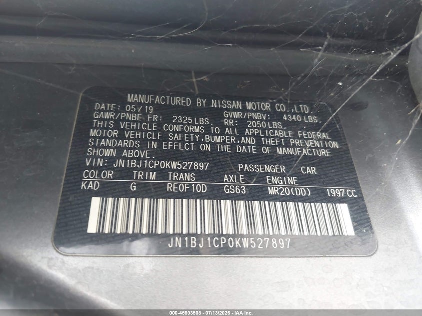 2019 Nissan Rogue VIN JN1BJ1CP0KW527897 IAAI salvage auction — FRONT END, Salvage (California), sold $2,600 on 2026-07-17 (photo 9)