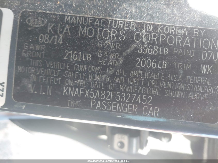 2015 Kia Forte VIN KNAFX5A82F5327452 IAAI salvage auction — LEFT SIDE, Salvage (California), sold $775 on 2026-07-29 (photo 9)