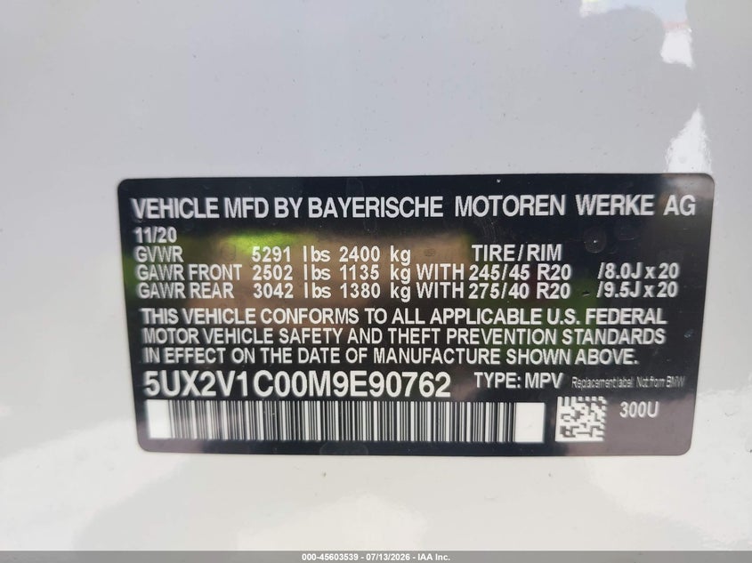 2021 BMW X4 VIN 5UX2V1C00M9E90762 IAAI salvage auction — FRONT END, Clear (Arizona), sold $2,050 on 2026-07-30 (photo 9)