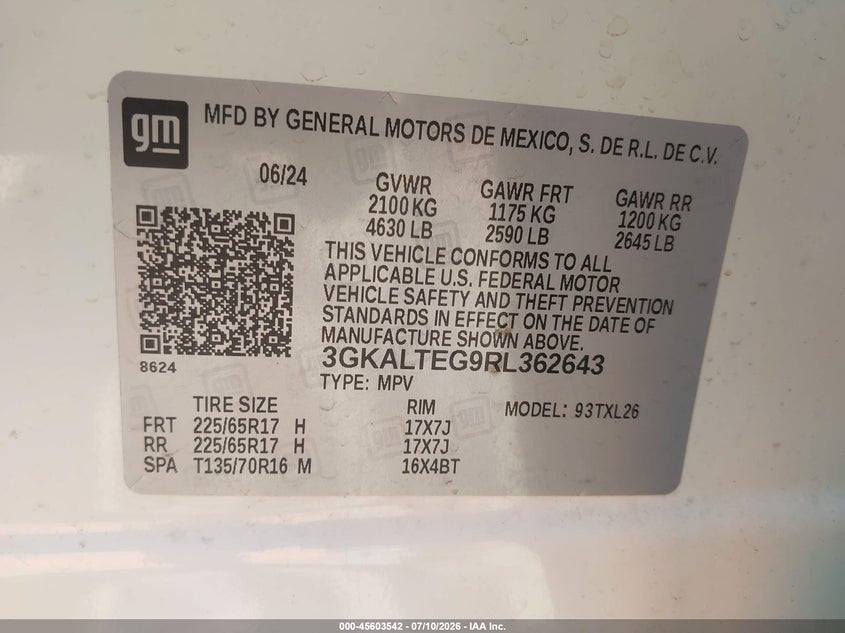 2024 Gmc Terrain VIN 3GKALTEG9RL362643 IAAI salvage auction — FRONT END, Junk Bill Of Sale Mv2459 (Wisconsin), sold $8,900 on 2026-08-20 (photo 9)
