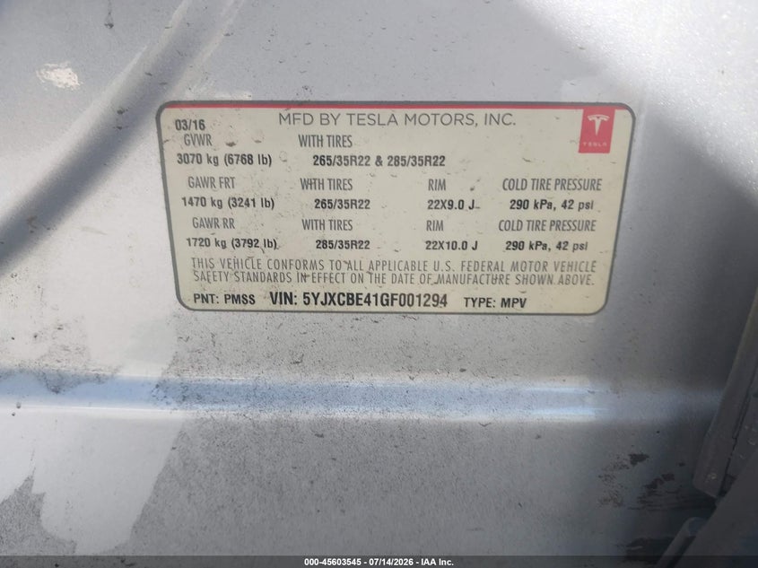 2016 Tesla Model x VIN 5YJXCBE41GF001294 IAAI salvage auction — FRONT END, Salvage (California), sold $7,400 on 2026-08-01 (photo 9)