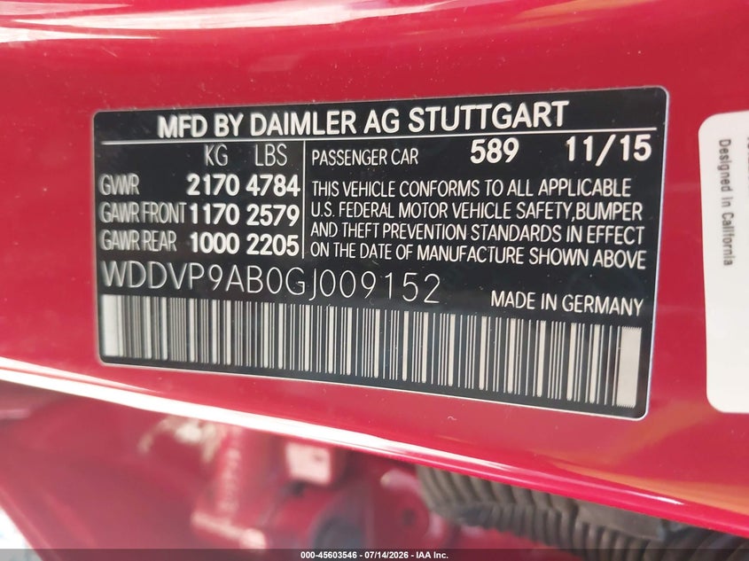 2016 Mercedes-benz B-class VIN WDDVP9AB0GJ009152 IAAI salvage auction — FRONT END, Clear (Indiana), sold $3,500 on 2026-07-29 (photo 9)
