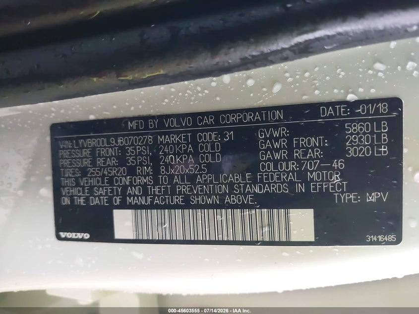 2018 Volvo Xc60 VIN LYVBR0DL9JB070278 IAAI salvage auction — STORM DAMAGE, Salvage (Texas), sold $3,200 on 2026-07-30 (photo 9)