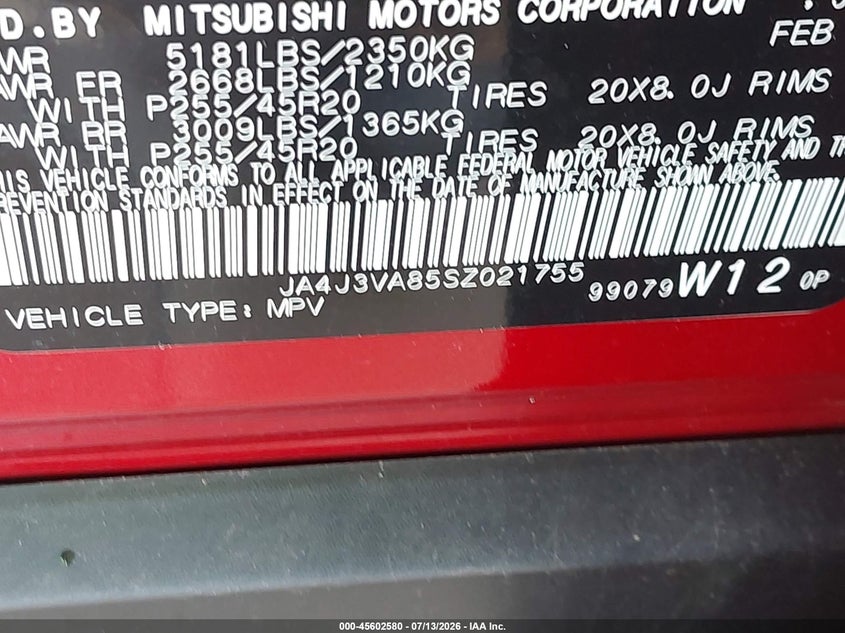 2025 Mitsubishi Outlander VIN JA4J3VA85SZ021755 IAAI salvage auction — REAR END, Wait Title, sold $11,150 on 2026-09-08 (photo 9)