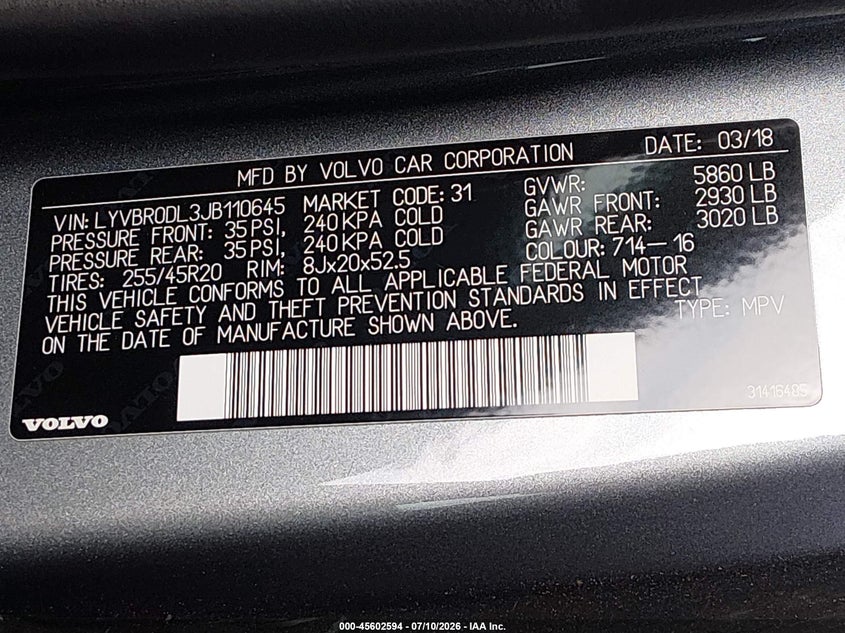 2018 Volvo Xc60 VIN LYVBR0DL3JB110645 IAAI salvage auction — FRONT END, Salvage (Arizona), sold $12,400 on 2026-07-22 (photo 9)