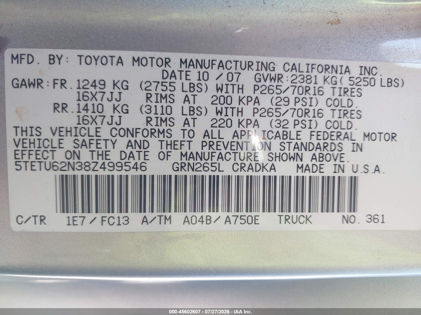 2008 Toyota Tacoma VIN 5TETU62N38Z499546 IAAI salvage auction — RIGHT FRONT, Salvage (California), sold $3,450 on 2026-08-01 (photo 9)