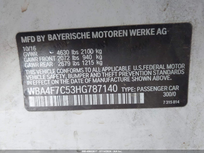 2017 BMW 4er VIN WBA4F7C53HG787140 IAAI salvage auction — NORMAL WEAR, Salvage Title, sold $525 on 2026-07-21 (photo 9)