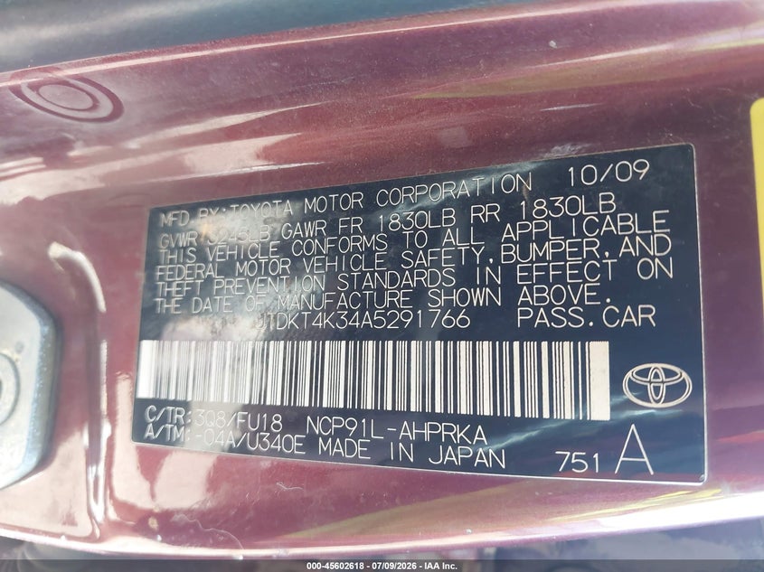 2010 Toyota Yaris VIN JTDKT4K34A5291766 IAAI salvage auction — NORMAL WEAR, Release Of Interest (Washington), sold $150 on 2026-07-28 (photo 9)