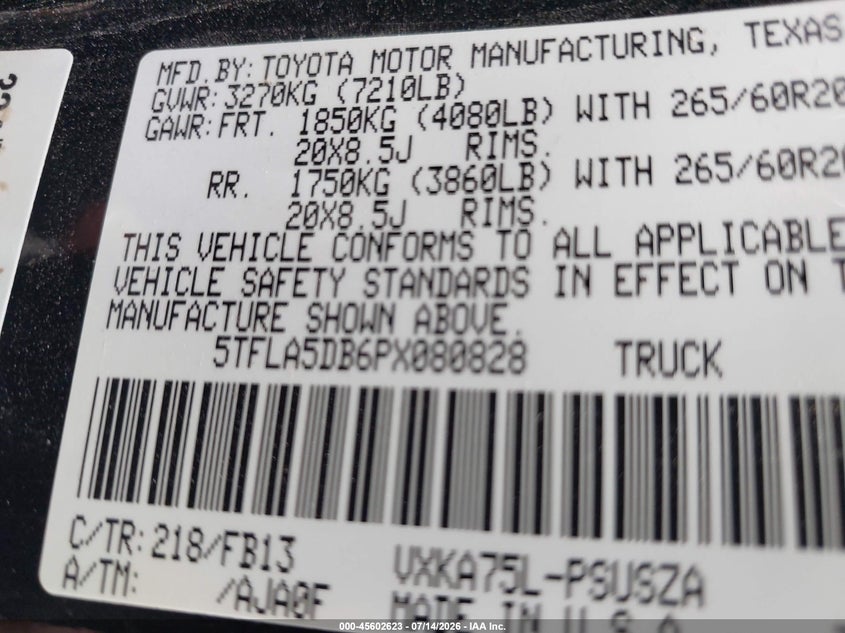 2023 Toyota Tundra VIN 5TFLA5DB6PX080828 IAAI salvage auction — REAR END, Enterprise Vehicles Clear Only (Texas), sold $17,375 on 2026-07-20 (photo 9)