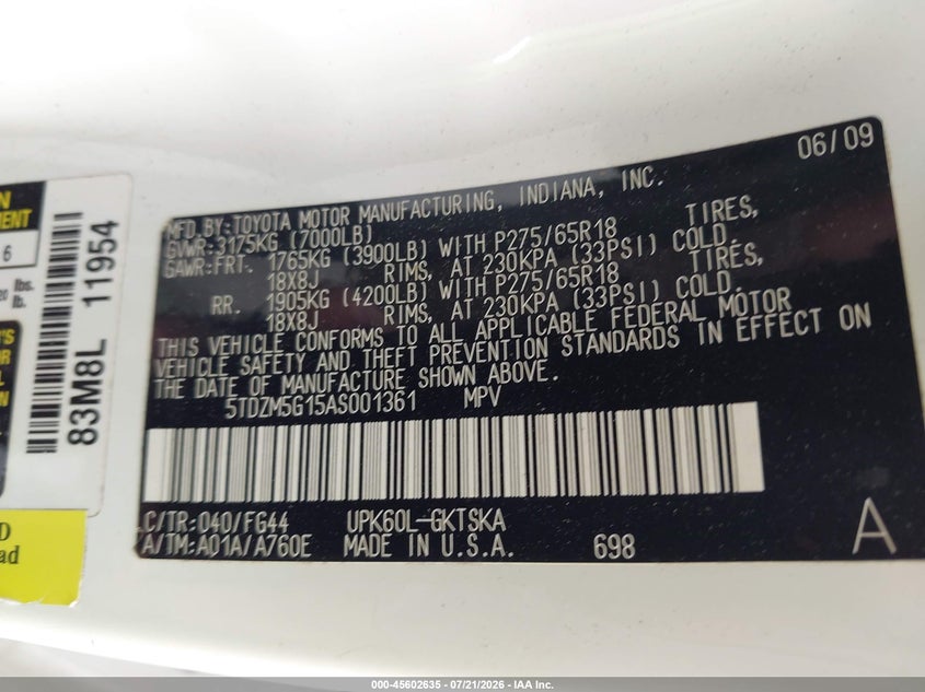 2010 Toyota Sequoia VIN 5TDZM5G15AS001361 IAAI salvage auction — NORMAL WEAR, Nrc Lienholder Repossession Paperwork (Georgia), sold $1,550 on 2026-07-30 (photo 9)