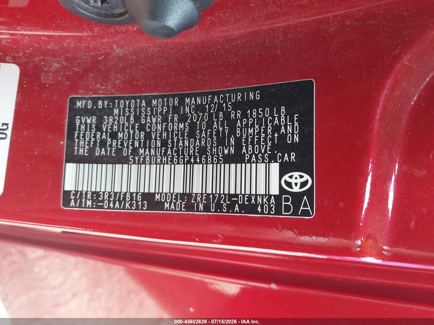 2016 Toyota Corolla VIN 5YFBURHE6GP446865 IAAI salvage auction — SIDE, Clear (California), sold $1,450 on 2026-07-30 (photo 9)
