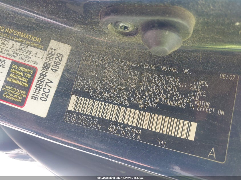 2007 Toyota Sienna VIN 5TDZK23C17S084498 IAAI salvage auction — NORMAL WEAR, Clear (Illinois), sold $550 on 2026-07-29 (photo 9)