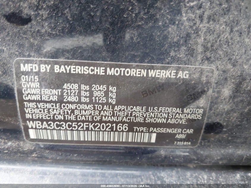 2015 BMW 3er VIN WBA3C3C52FK202166 IAAI salvage auction — NORMAL WEAR, Original (Texas), sold $550 on 2026-07-21 (photo 9)