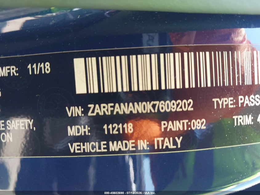2019 Alfa romeo Giulia VIN ZARFANAN0K7609202 IAAI salvage auction — REAR END, Clear (Michigan), sold $4,250 on 2026-08-27 (photo 9)