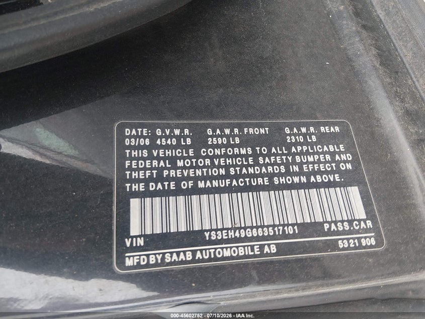 2006 Saab 9-5 VIN YS3EH49G663517101 IAAI salvage auction — NORMAL WEAR, Clear (Pennsylvania), sold $300 on 2026-07-15 (photo 9)