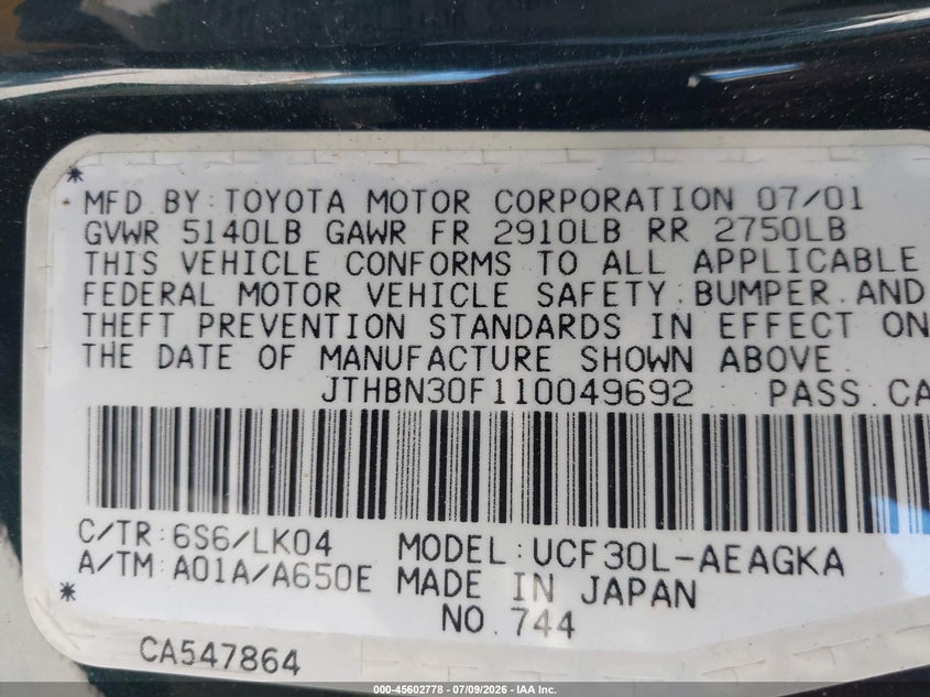 2001 Lexus Ls 430 VIN JTHBN30F110049692 IAAI salvage auction — NORMAL WEAR, Clear - Dealer Only (California), sold $425 on 2026-07-20 (photo 9)