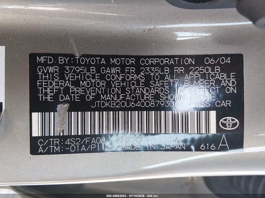 2004 Toyota Prius VIN JTDKB20U640087930 IAAI salvage auction — NORMAL WEAR, Clear (Georgia), sold $400 on 2026-07-30 (photo 9)