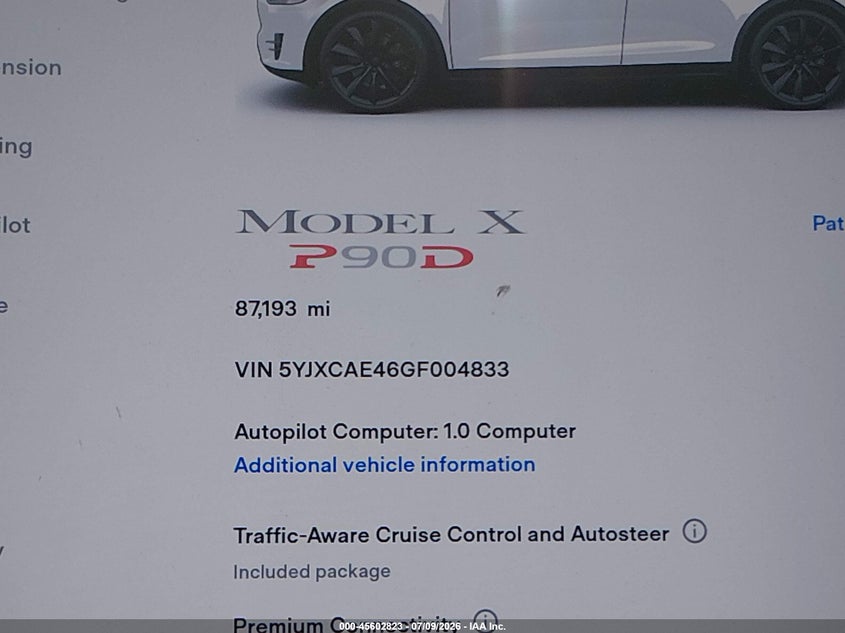 2016 Tesla Model x VIN 5YJXCAE46GF004833 IAAI salvage auction — SIDE, Salvage (California), sold $5,100 on 2026-07-30 (photo 7)