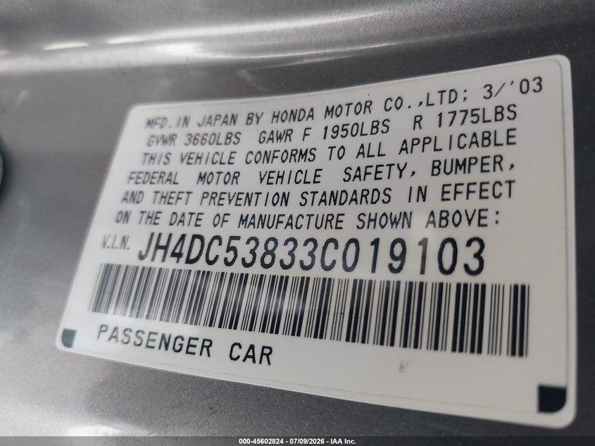 2003 Acura Rsx VIN JH4DC53833C019103 IAAI salvage auction — RIGHT REAR, Rebuildable (Florida), sold $450 on 2026-07-29 (photo 9)