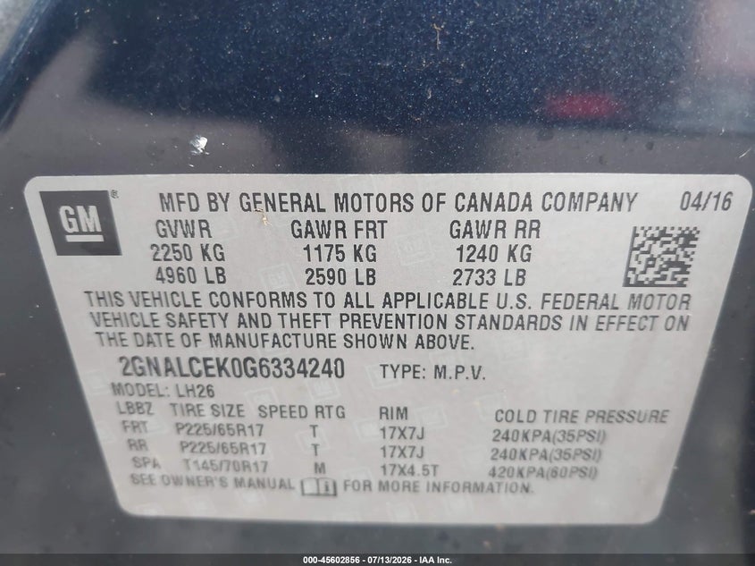 2016 Chevrolet Equinox VIN 2GNALCEK0G6334240 IAAI salvage auction — NORMAL WEAR, Clear (Virginia), sold $1,025 on 2026-07-28 (photo 9)
