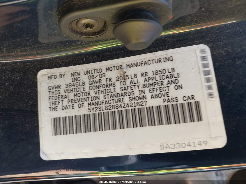 2004 Pontiac Vibe VIN 5Y2SL62884Z421827 IAAI salvage auction — NORMAL WEAR, Clear - Dealer Only (California), sold $800 on 2026-07-20 (photo 9)