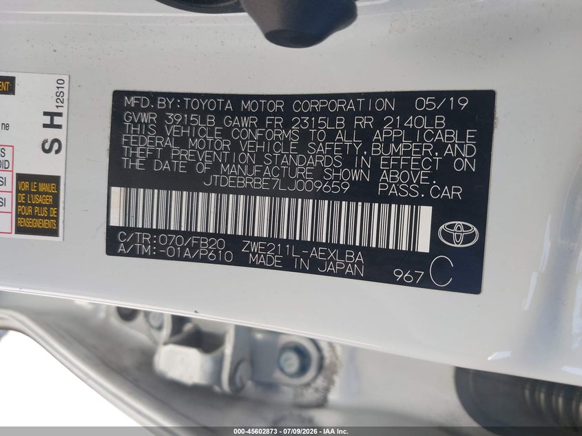 2020 Toyota Corolla VIN JTDEBRBE7LJ009659 IAAI salvage auction — FRONT END, Salvage (California), sold $5,300 on 2026-07-27 (photo 9)