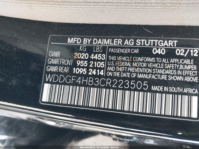 2012 Mercedes-benz C-klasse VIN WDDGF4HB3CR223505 IAAI salvage auction — FRONT END, Salvage Title, sold $1,450 on 2026-07-29 (photo 9)