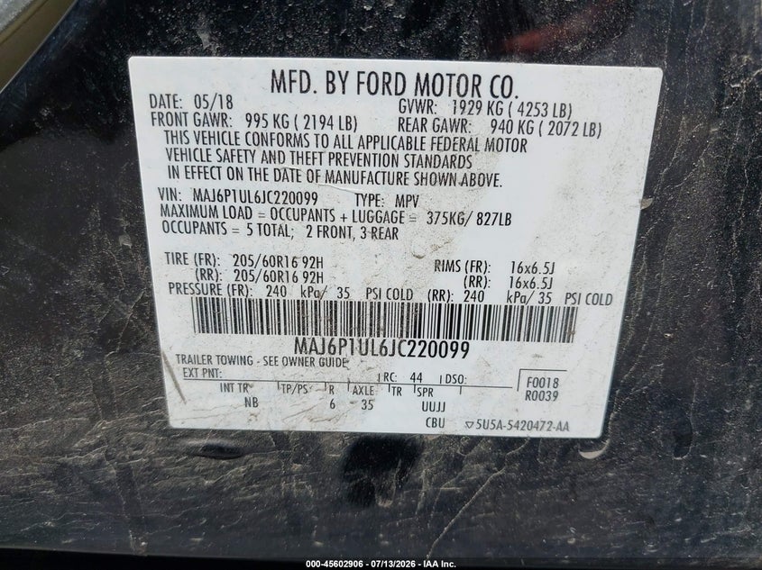 2018 Ford Ecosport VIN MAJ6P1UL6JC220099 IAAI salvage auction — STORM DAMAGE, Salvage (Ohio), sold $375 on 2026-07-27 (photo 9)