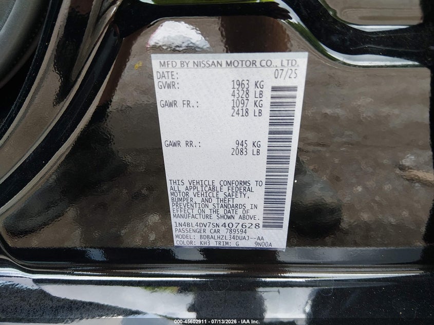 2025 Nissan Altima VIN 1N4BL4DV7SN407628 IAAI salvage auction — FRONT END, Salvage Title, sold $8,900 on 2026-07-29 (photo 9)