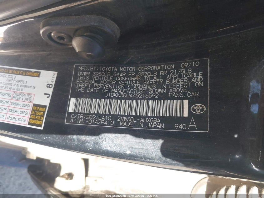2010 Toyota Prius VIN JTDKN3DU4A5216592 IAAI salvage auction — NORMAL WEAR, Salvage Title - Dealer (California), sold $525 on 2026-07-28 (photo 9)