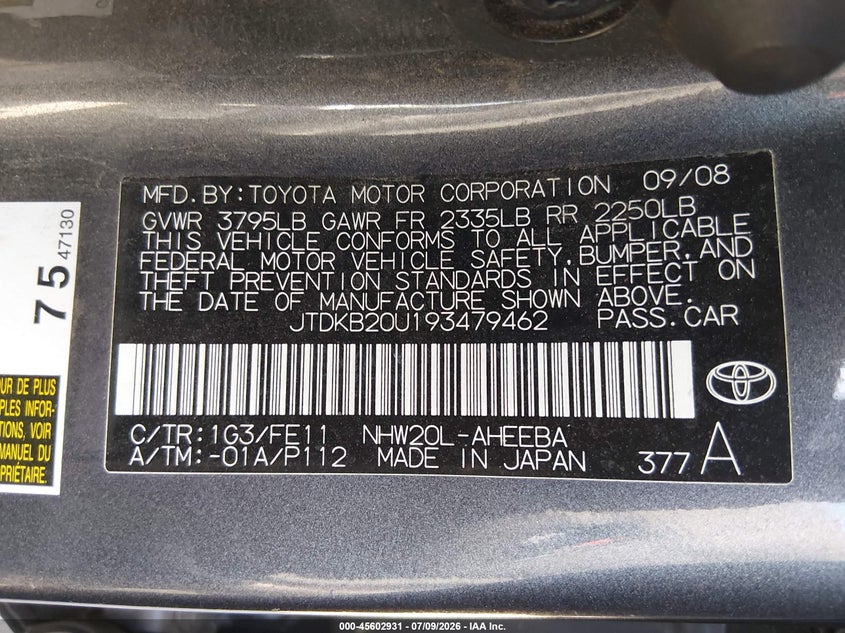 2009 Toyota Prius VIN JTDKB20U193479462 IAAI salvage auction — NORMAL WEAR, Clear - Dealer Only (California), sold $1,550 on 2026-07-29 (photo 9)