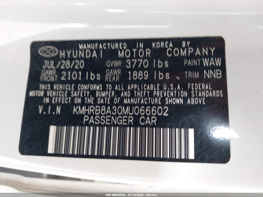 2021 Hyundai Venue VIN KMHRB8A30MU066602 IAAI salvage auction — REAR END, Salvage (California), sold $1,650 on 2026-07-28 (photo 9)