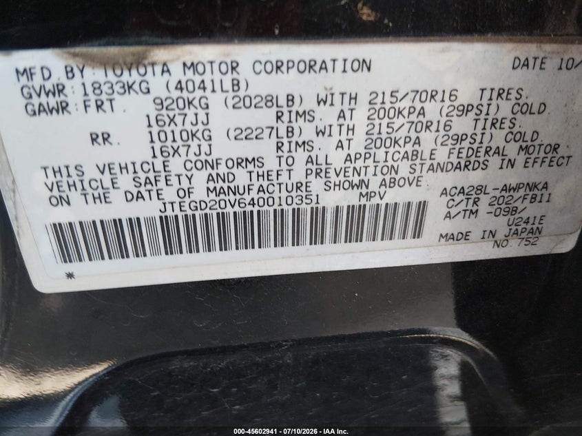 2004 Toyota Rav4 VIN JTEGD20V640010351 IAAI salvage auction — NORMAL WEAR, Clear (Louisiana), sold $325 on 2026-07-28 (photo 9)