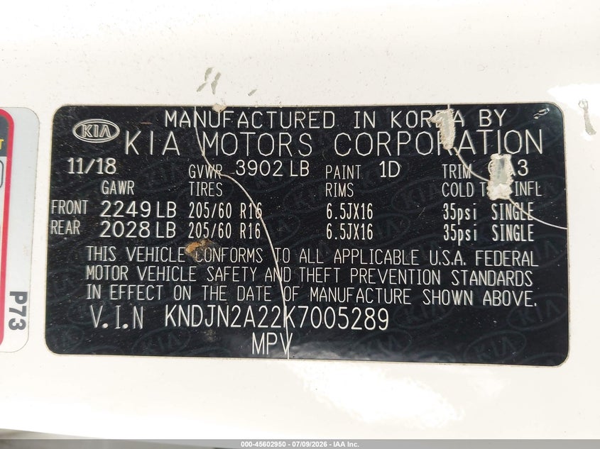2019 Kia Soul VIN KNDJN2A22K7005289 IAAI salvage auction — NORMAL WEAR, Salvage Title, sold $1,900 on 2026-07-30 (photo 9)