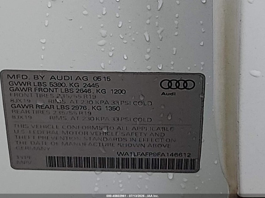 2015 Audi Q5 VIN WA1LFAFP9FA146612 IAAI salvage auction — NORMAL WEAR, Clear (Georgia), sold $1,150 on 2026-07-29 (photo 9)
