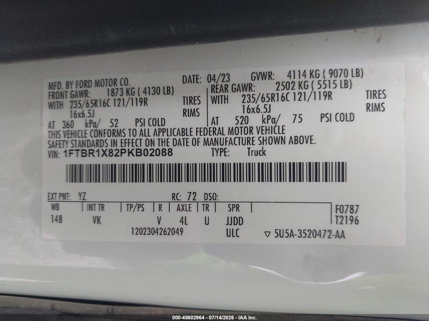 2023 Ford Transit VIN 1FTBR1X82PKB02088 IAAI salvage auction — ROOF, Salvage Title, sold $18,700 on 2026-07-18 (photo 9)