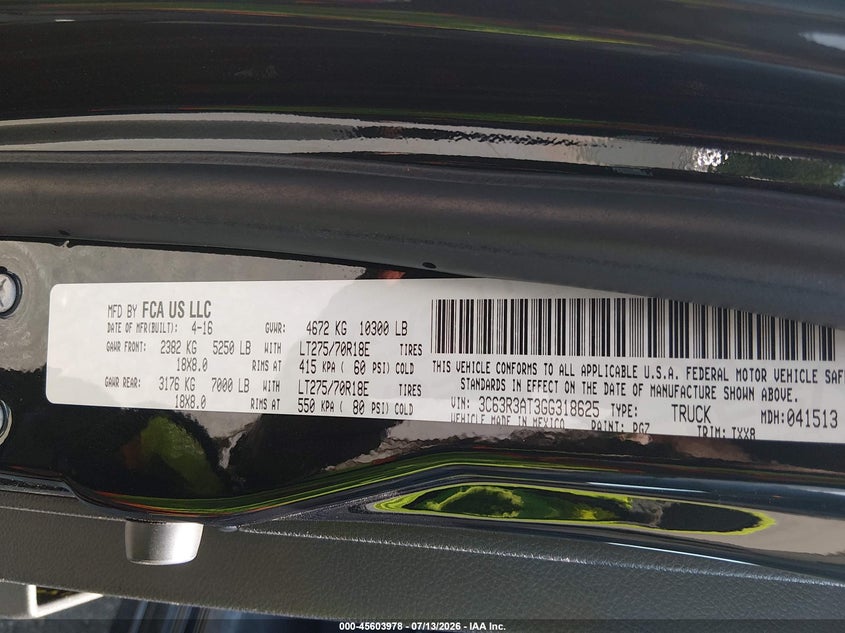 2016 Ram 3500 VIN 3C63R3AT3GG318625 IAAI salvage auction — NORMAL WEAR, Sf97 (Maryland), sold $17,200 on 2026-08-18 (photo 9)