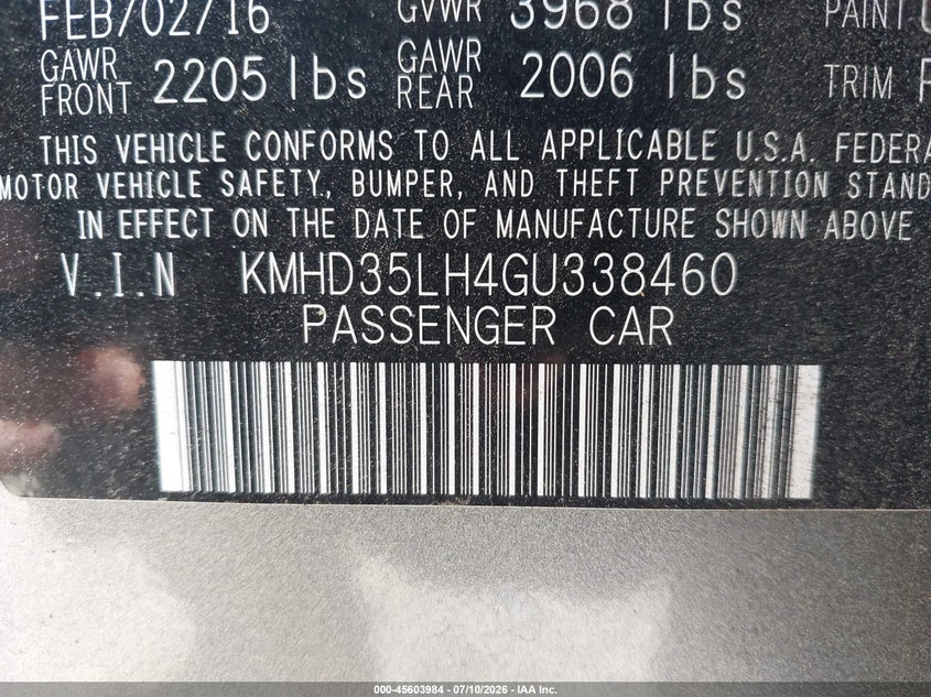 2016 Hyundai Elantra VIN KMHD35LH4GU338460 IAAI salvage auction — FRONT END, Salvage Title, sold $1,250 on 2026-08-24 (photo 9)